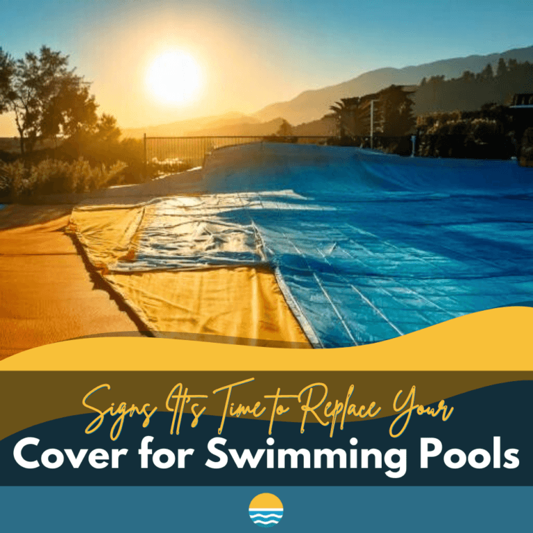 A swimming pool with a worn cover at sunset, surrounded by trees and hills. Text overlay says, "Signs It's Time to Replace Your Cover for Swimming Pools.