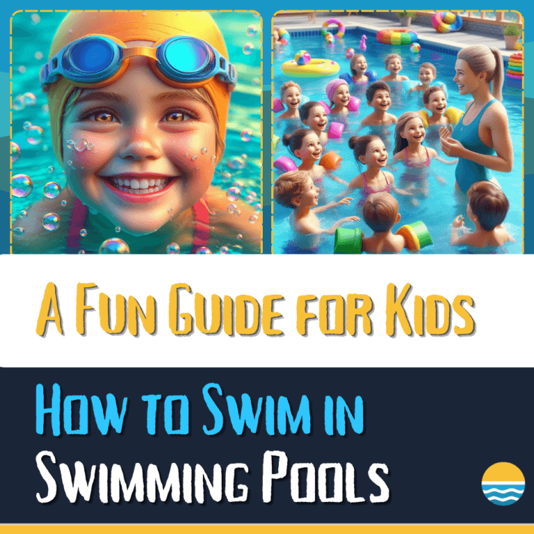 Cover of a kids' swimming guide showing a smiling child in a pool and a swim instructor leading a group of children. Text reads: "A Fun Guide for Kids: How to Swim in Swimming Pools.