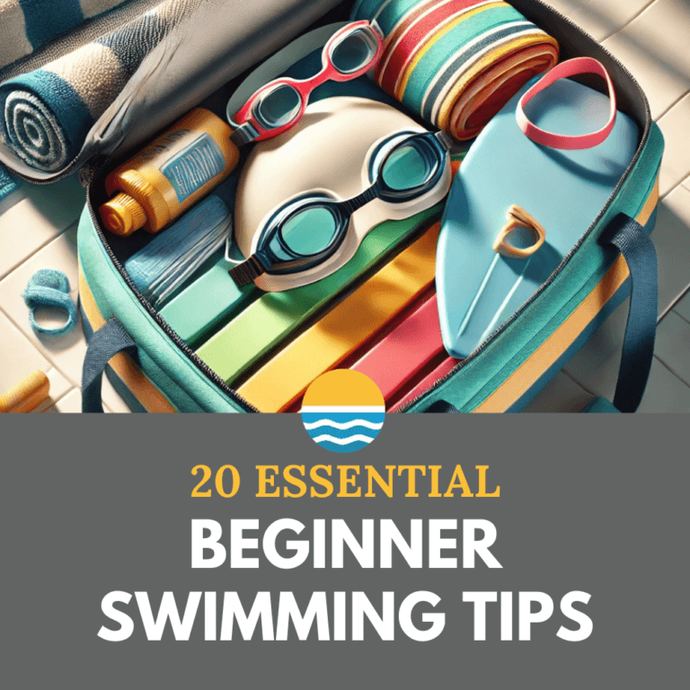 A swimming gear bag is open, displaying goggles, a swim cap, a sunscreen bottle, a kickboard, and a towel. Text below reads: "20 Essential Beginner Swimming Tips.