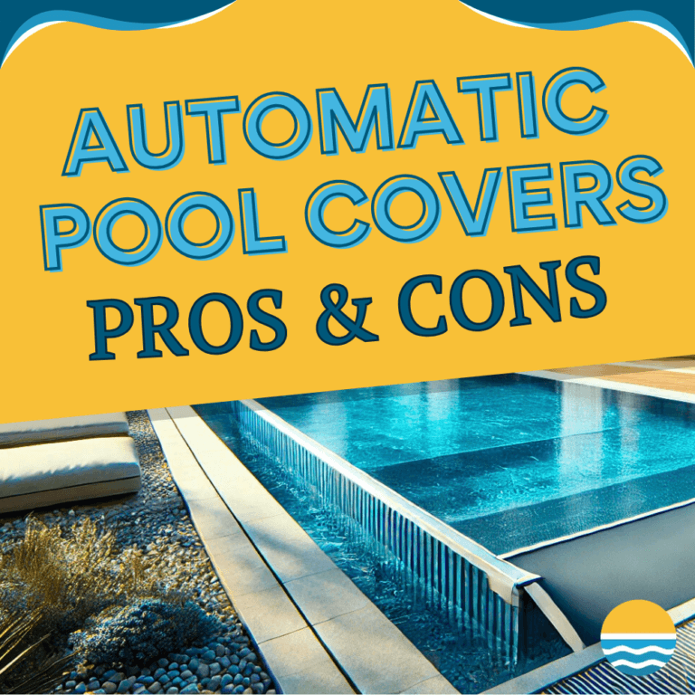 Image showing a pool with a partially closed automatic cover. Text reads "Automatic Pool Covers: Pros & Cons." The setting includes surrounding plants and poolside chairs.