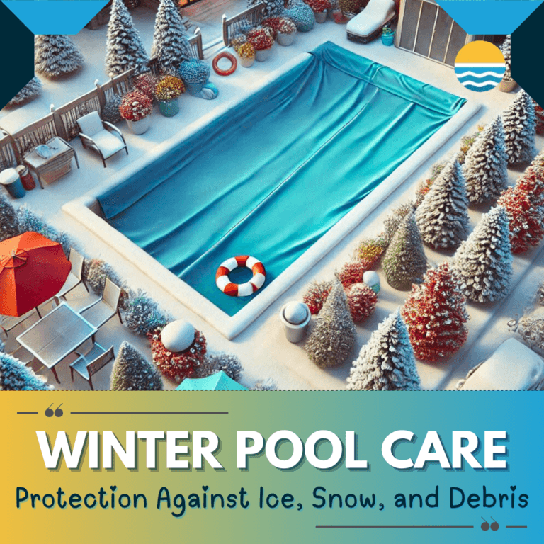 A snow-covered backyard with a pool covered for winter, surrounded by colorful chairs and snow-dusted trees. "Winter Pool Care: Protection Against Ice, Snow, and Debris" text is displayed.