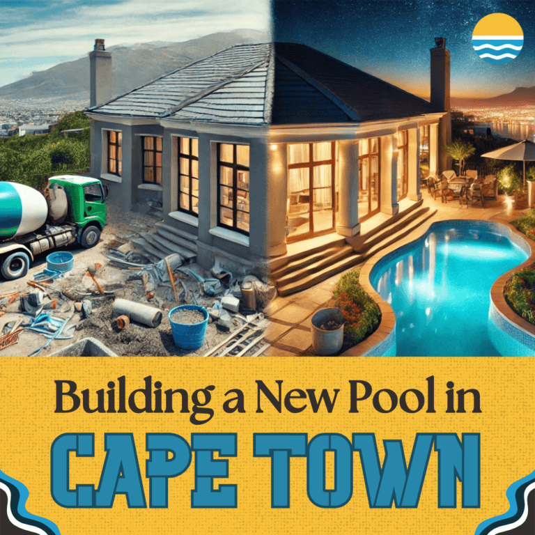 Two-part image shows a house in Cape Town: one side under construction with building materials, the other side completed with a pool. Text reads "Building a New Pool in Cape Town.