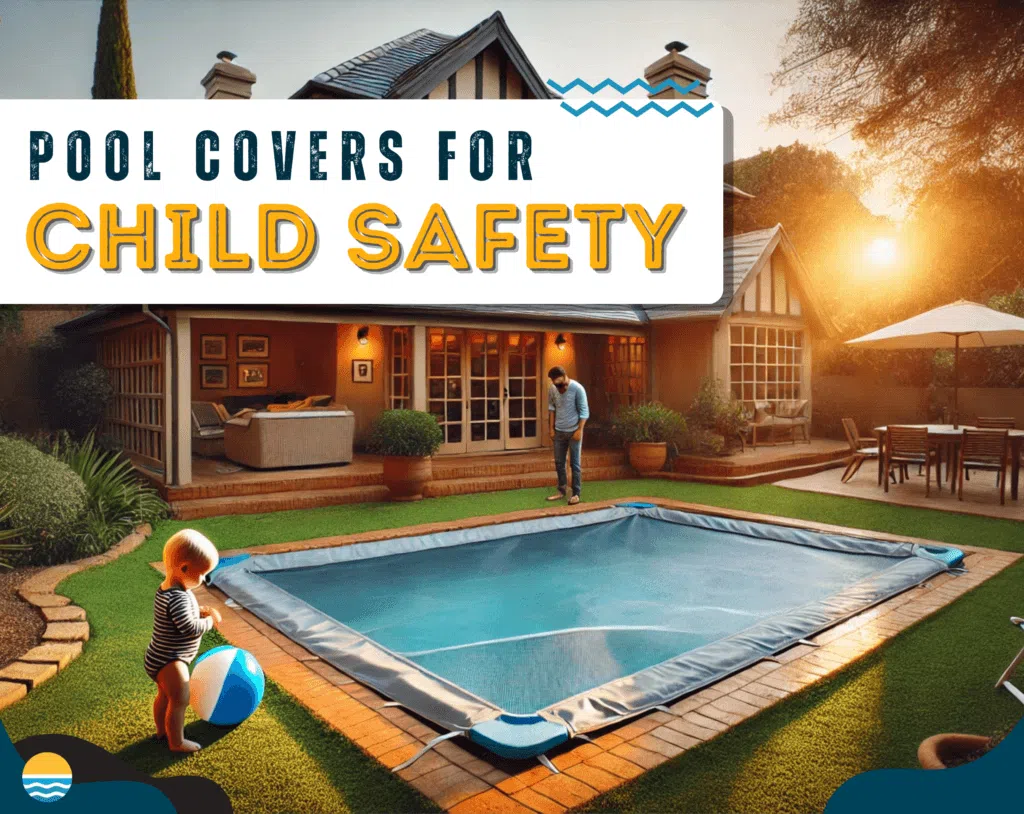 A backyard pool with a safety cover, surrounded by grass and patio furniture. An adult stands nearby, while a child holds a ball. Text overlay reads, "Pool Covers for Child Safety.