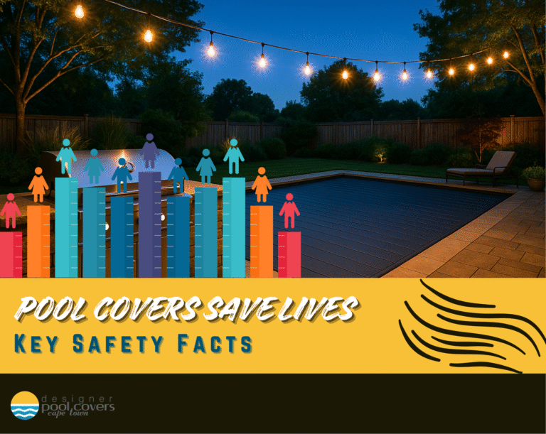 A backyard pool covered with a safety cover at dusk, with string lights overhead and infographic graphics promoting pool cover safety facts.