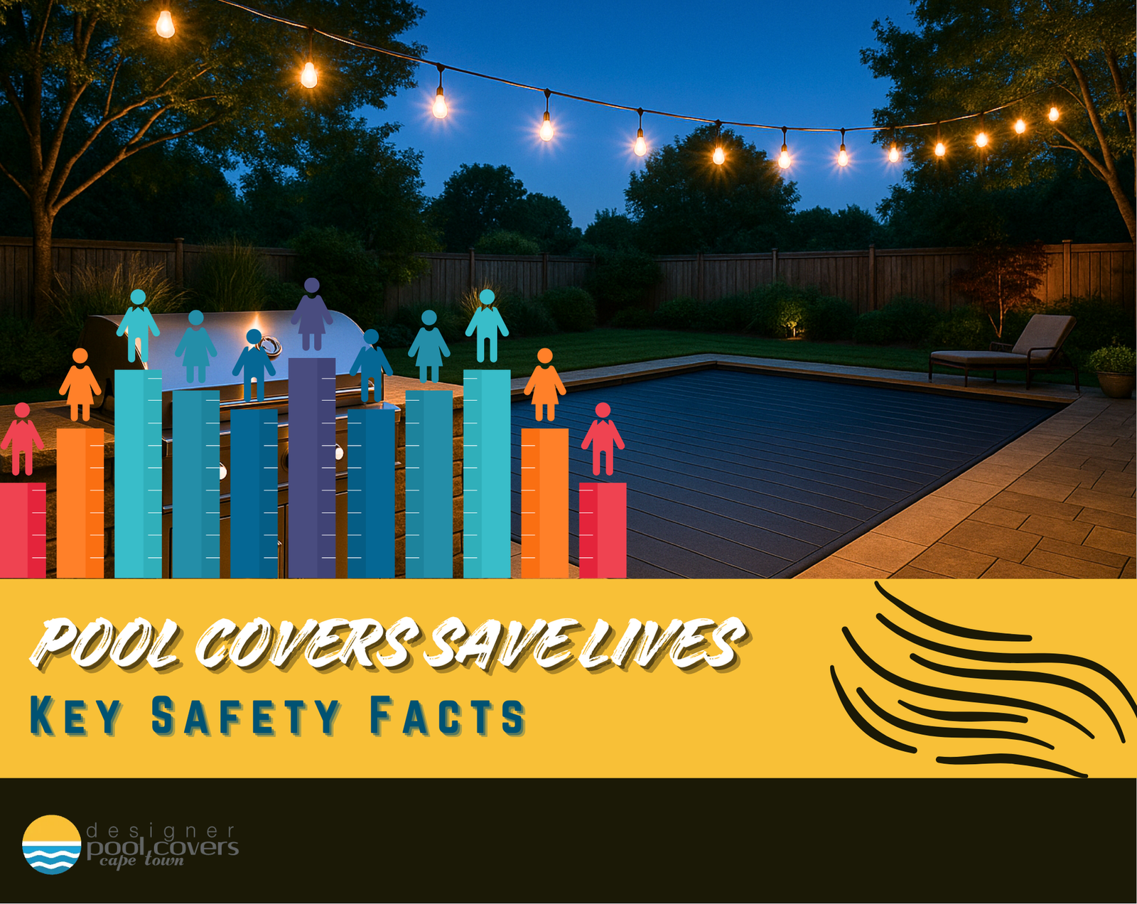 A backyard pool covered with a safety cover at dusk, with string lights overhead and infographic graphics promoting pool cover safety facts.