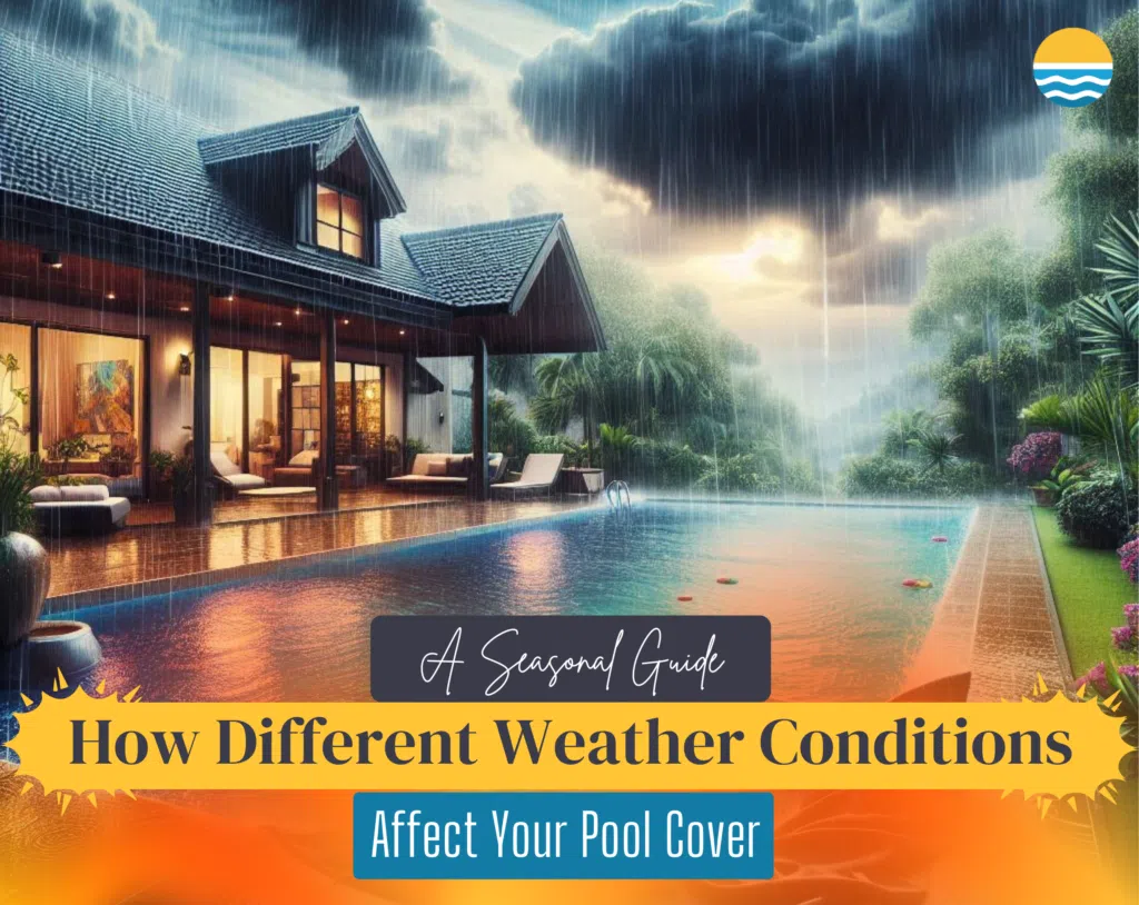 Illustration of a house with a pool during heavy rain, featuring text: "A Seasonal Guide - How Different Weather Conditions Affect Your Pool Cover.