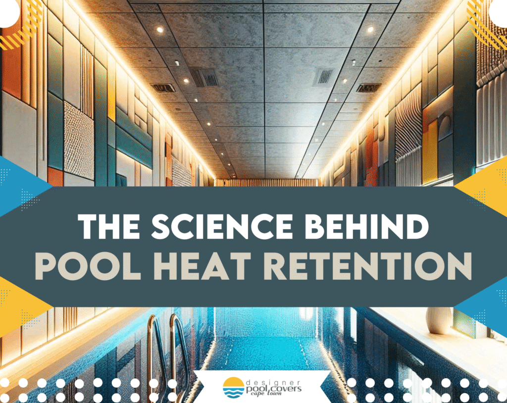 Indoor swimming pool with modern geometric wall panels and overhead lighting; text overlay reads "The Science Behind Pool Heat Retention.