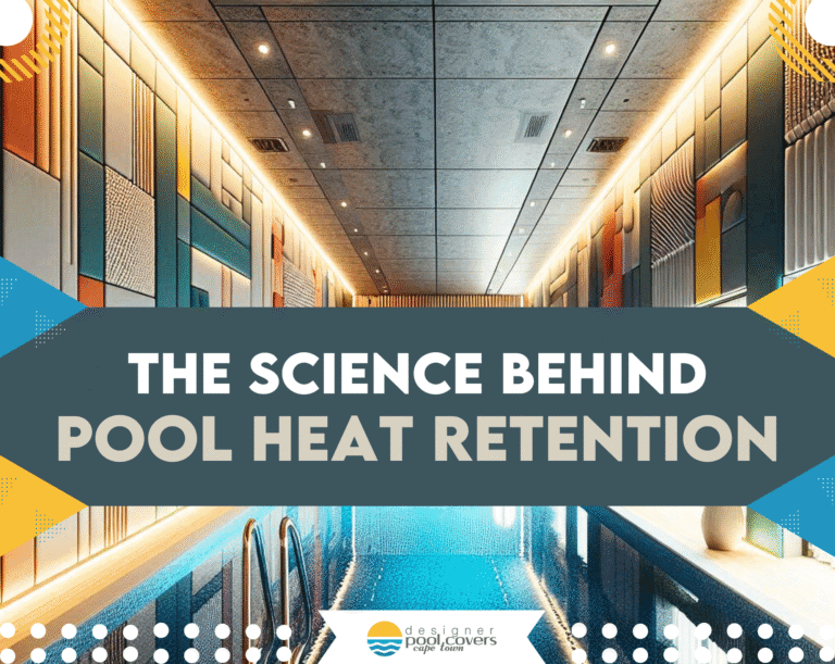 Indoor swimming pool with modern geometric wall panels and overhead lighting; text overlay reads "The Science Behind Pool Heat Retention.