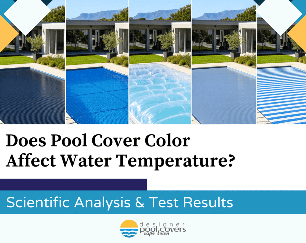 Four swimming pools each covered with a different colored pool cover, illustrating a study on the effect of pool cover color on water temperature.