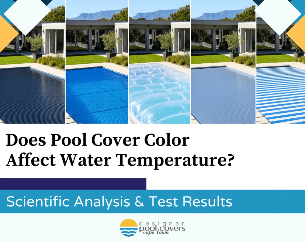 Four swimming pools each covered with a different colored pool cover, illustrating a study on the effect of pool cover color on water temperature.