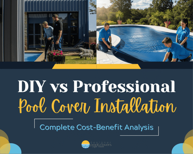 Two side-by-side images showing people installing a pool cover, with text about DIY vs professional pool cover installation and cost-benefit analysis.