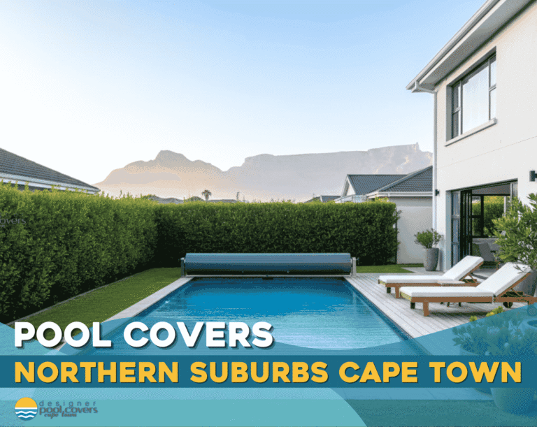 A modern backyard pool with a cover, lounge chairs, and mountain views, advertising pool covers in Northern Suburbs Cape Town.