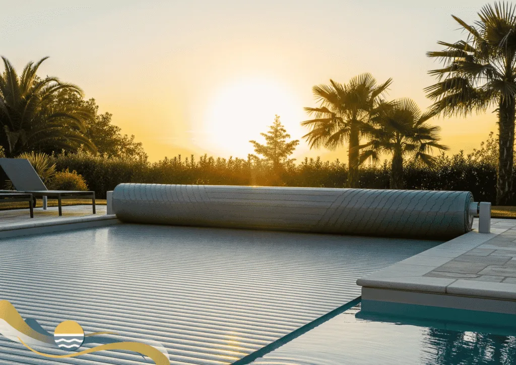 A swimming pool with a closed cover at sunset, surrounded by palm trees and lounge chairs, with the sun low in the sky.