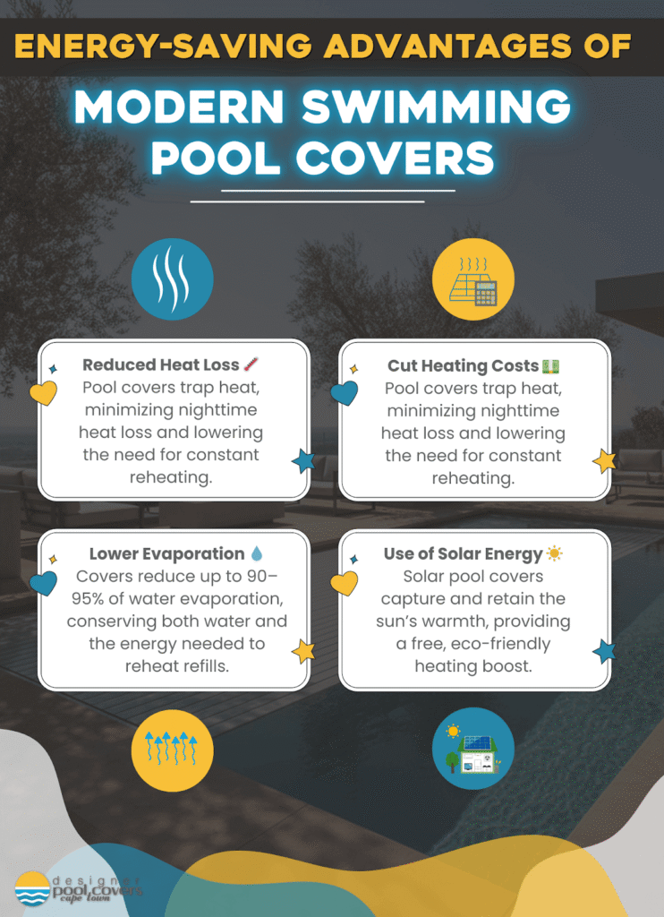 Infographic listing energy-saving advantages of modern swimming pool covers, including reduced heat loss, lower evaporation, cut heating costs, and use of solar energy.