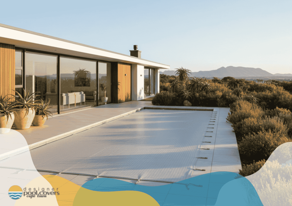 Modern house with large windows overlooking a covered swimming pool surrounded by plants and mountains in the background. Designer Pool Covers logo is visible in the corner.