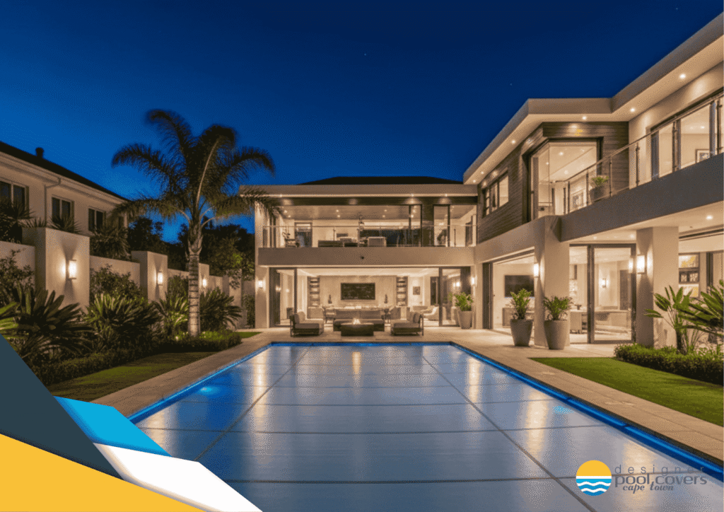 A modern two-story house with large windows is illuminated at night, featuring a covered swimming pool and landscaped garden. Design Pool Covers Cape Town logo is visible in the bottom right corner.