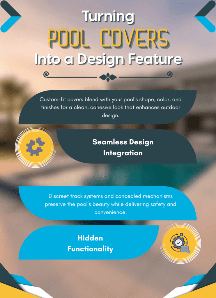 Infographic about pool covers as design features, highlighting seamless design integration and hidden functionality with a blurred pool background.
